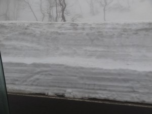 マイクロバスの屋根を越える雪の壁、毎年見ている関係者も驚いていました